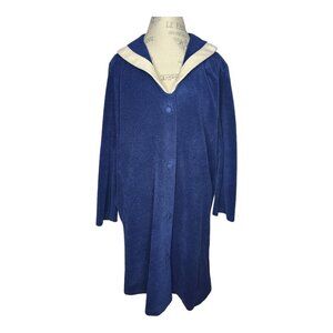 Vanity Fair Robe Womens 16 Blue White Fleece Button Up Vintage Loungewear